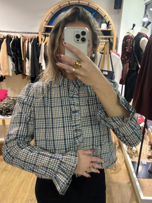 Blouse à Carreaux Bleu Col Collerette