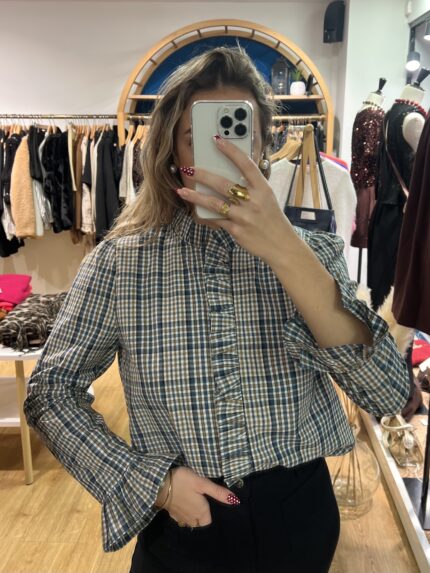 Blouse à Carreaux Bleu Col Collerette 2