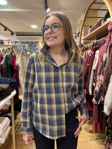 Blouse A Carreaux Bleu Jean Col Collerette