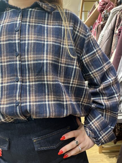 Blouse à Carreaux Bleu col collerette