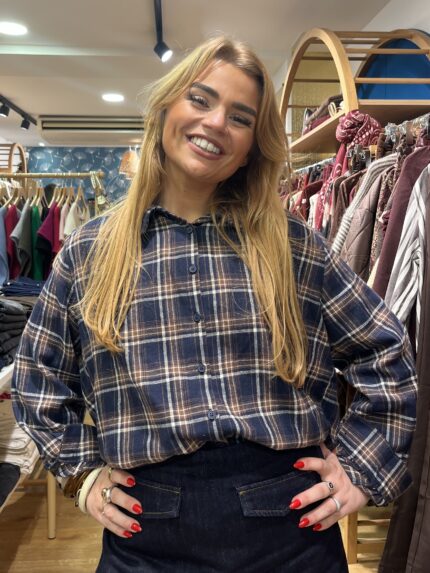 Blouse à Carreaux Bleu Marine col collerette