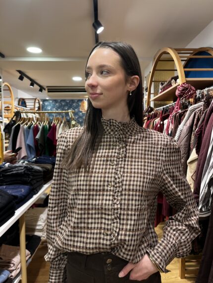 Blouse à Carreaux Chocolat Col Collerette