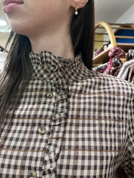 Blouse à Carreaux Chocolat Col Collerette