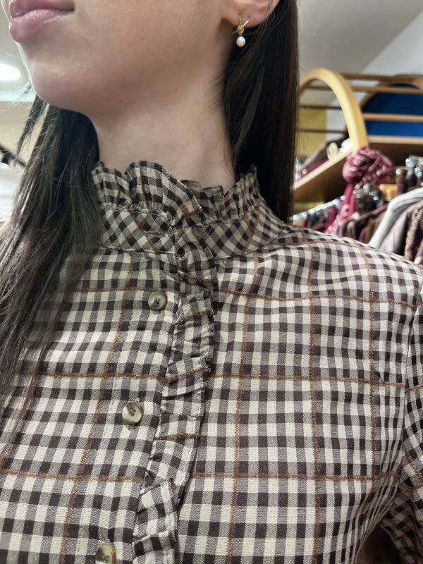 Blouse à Carreaux Chocolat Col Collerette