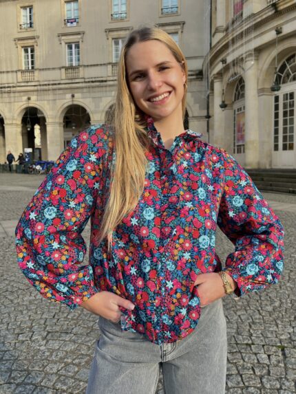 Blouse Col Collerette À Motif Floral Rose