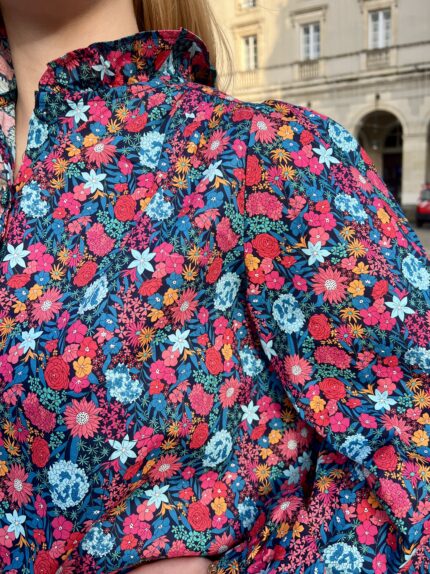 Blouse Col Collerette À Motif Floral Rose