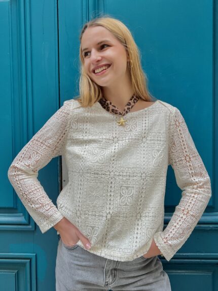 Haut Dentelle À Détails Boutons Ivoire