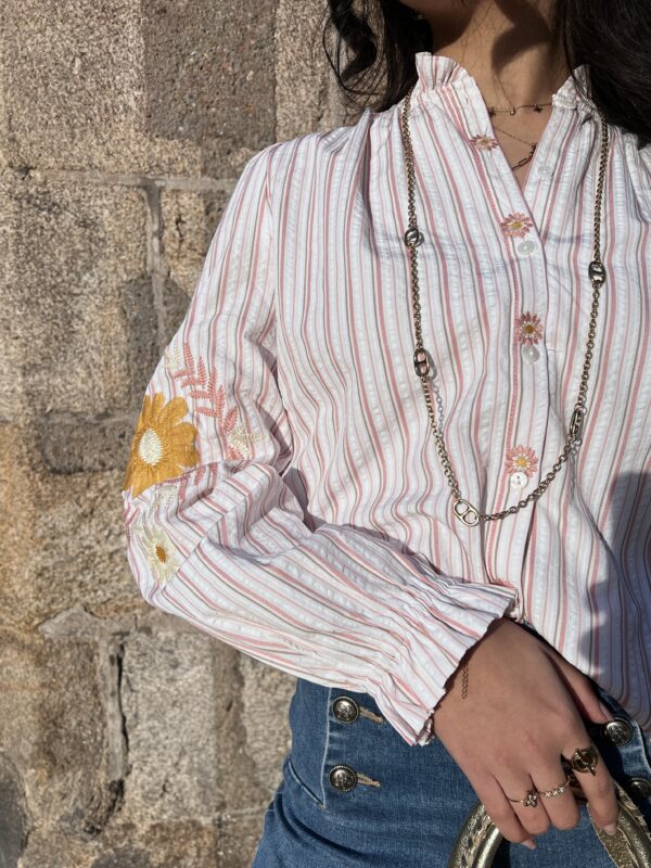 Blouse À Rayures roses Avec Broderies Florales Jaunes