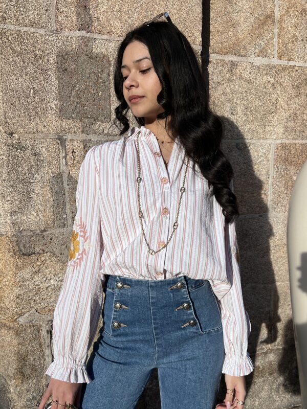 Blouse À Rayures roses Avec Broderies Florales Jaunes