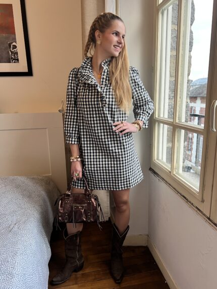 Robe Vichy Bleu Marine À Col Victorien