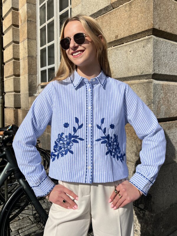 Chemisier Rayé Court Avec Broderies Fleuries