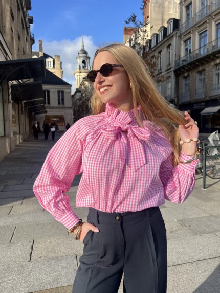Blouse Vichy Rose À Noeud