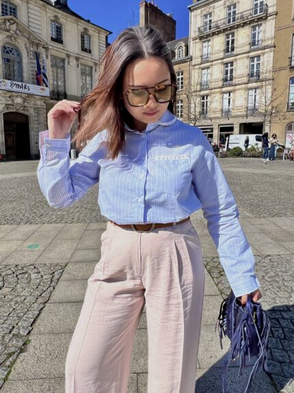 Chemisier Bleu À Rayures Avec Broderie