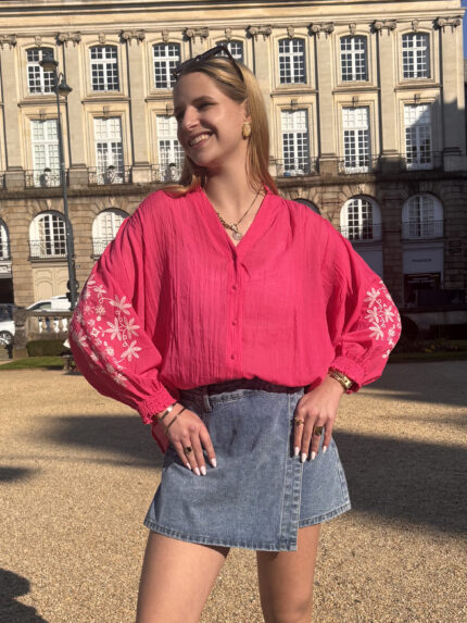 Blouse Rose À Manches 3/4 Avec Broderies