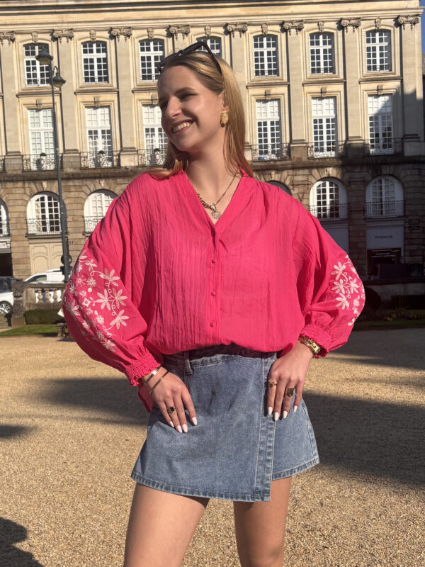 Blouse Rose À Manches 3/4 Avec Broderies